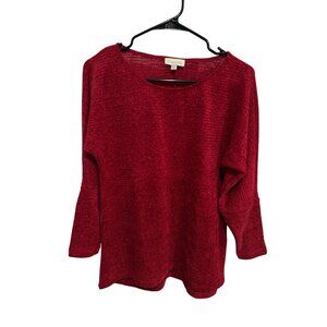 Chenault Red Shimmer Knit 3/4 Sleeve Scoop Neck Sweater Size M Minimalist Retro